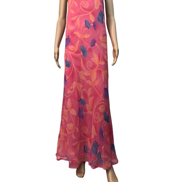 Y2K Georgette Crepe Pink Multicolor Floral Halter Maxi Dress - Picture 4 of 4